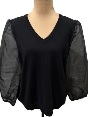 Adrianna Papell Black V-Neck Sweater with Sheer Puff Sleeves